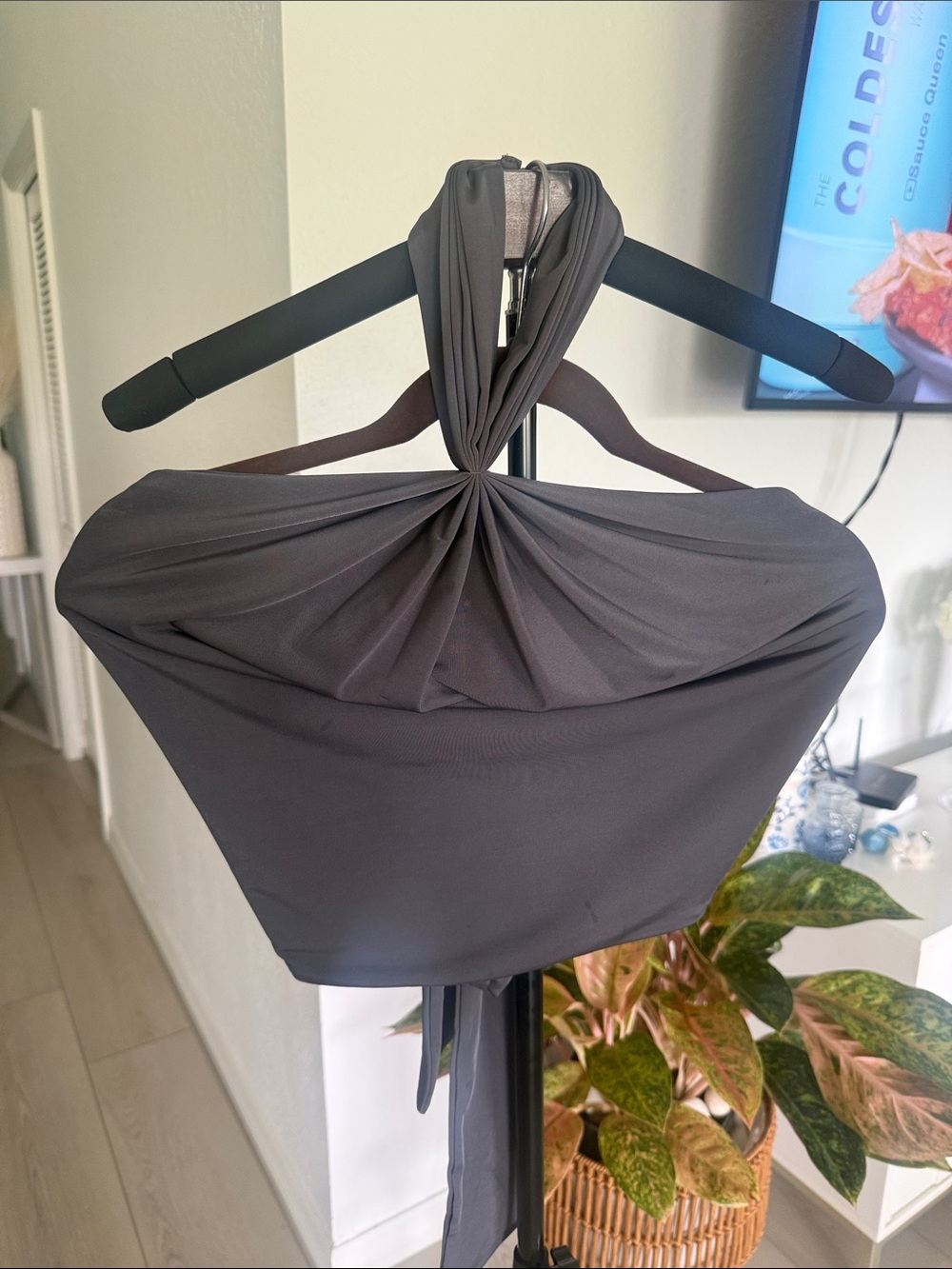 MESHKI  Halter Neck top and skirt  in Charcoal Gray